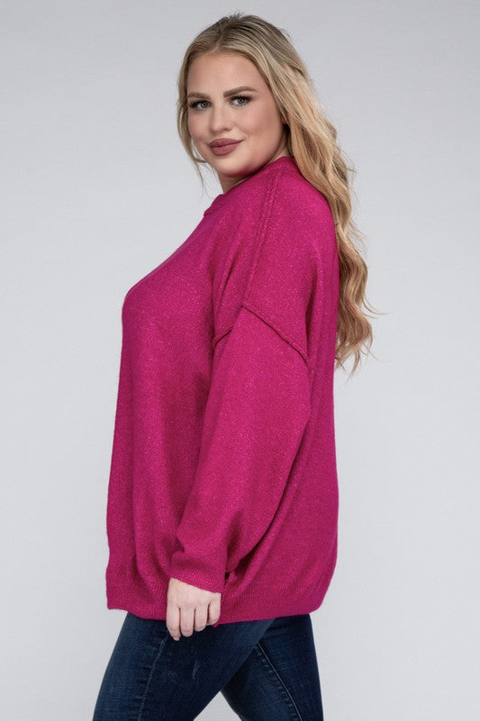 Plus Oversized Round Neck Raw Seam Melange Sweater (PLUS)