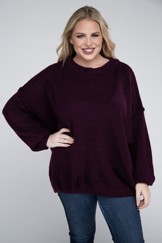 Plus Oversized Round Neck Raw Seam Melange Sweater (PLUS)