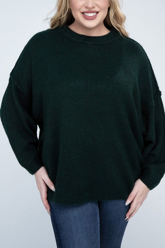 Plus Oversized Round Neck Raw Seam Melange Sweater (PLUS)