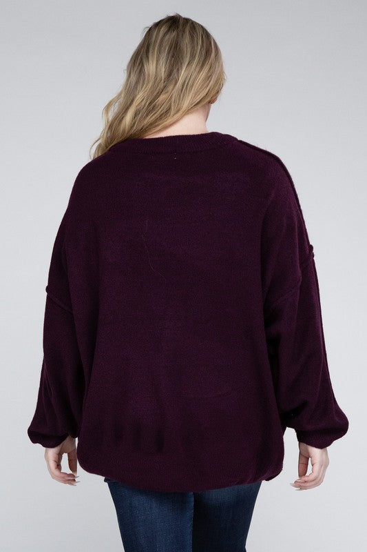 Plus Oversized Round Neck Raw Seam Melange Sweater (PLUS)