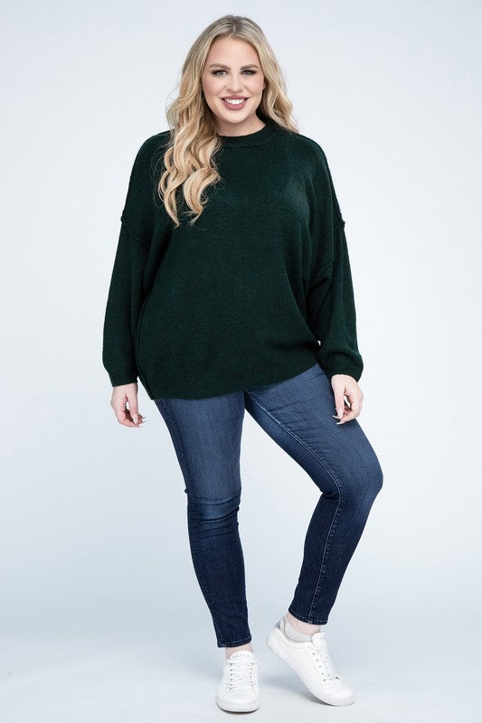 Plus Oversized Round Neck Raw Seam Melange Sweater (PLUS)