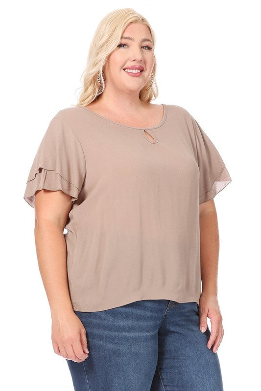 Plus size, short flutter sleeve keyhole blouse.