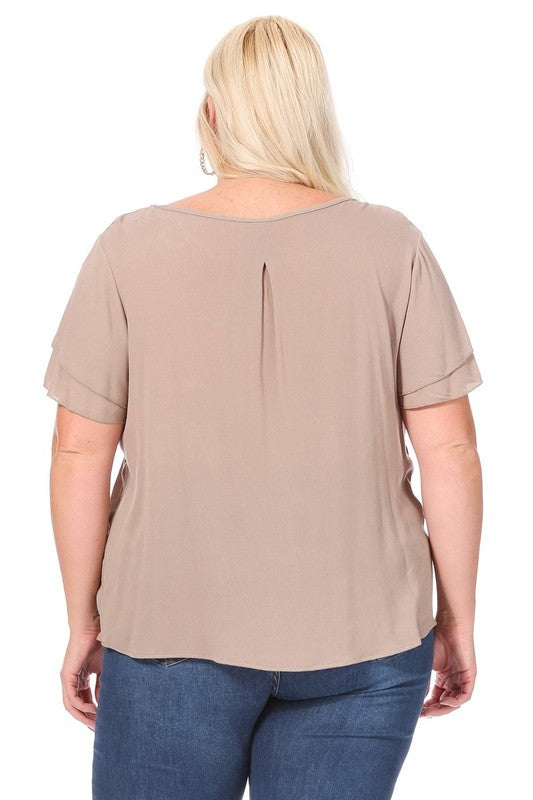 Plus size, short flutter sleeve keyhole blouse.