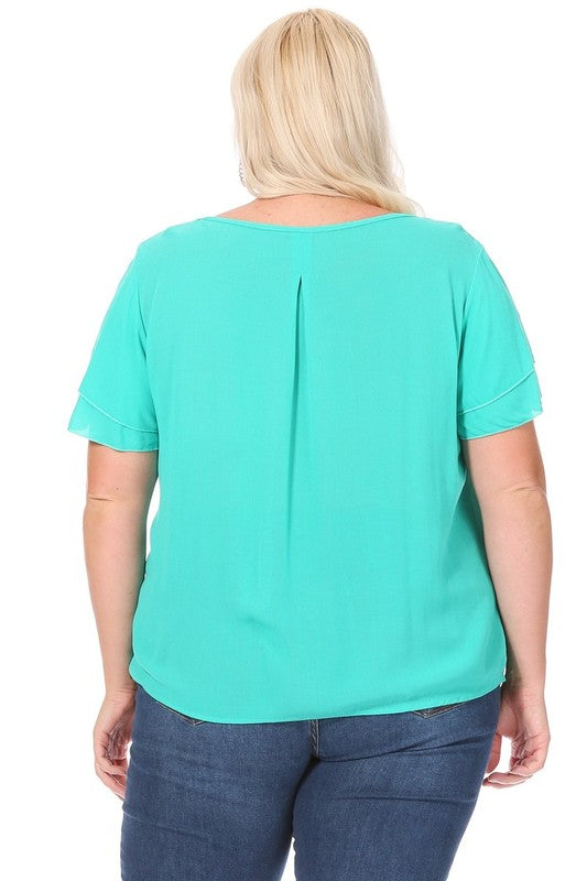 Plus size, short flutter sleeve keyhole blouse.