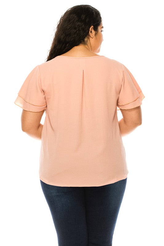 Plus size, short flutter sleeve keyhole blouse.