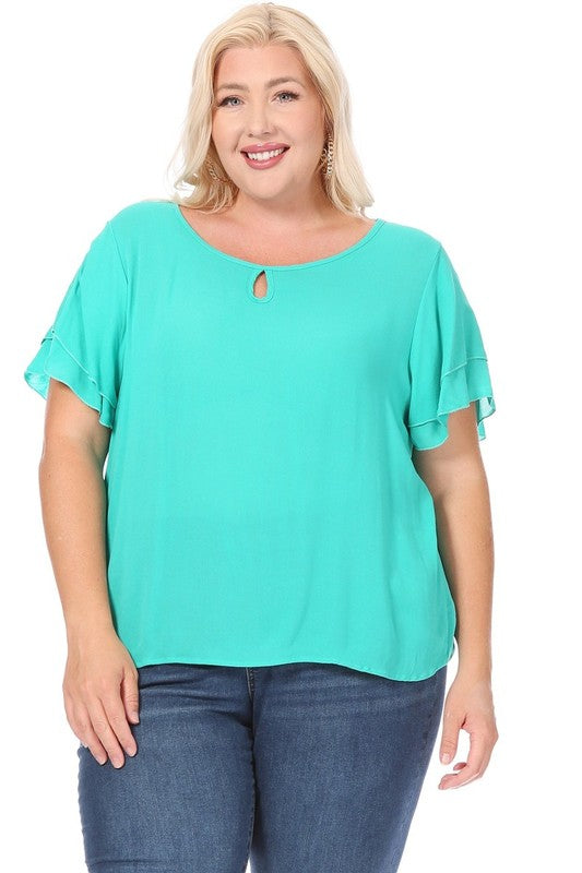 Plus size, short flutter sleeve keyhole blouse.