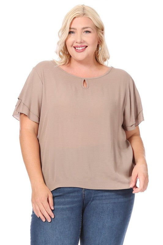 Plus size, short flutter sleeve keyhole blouse.