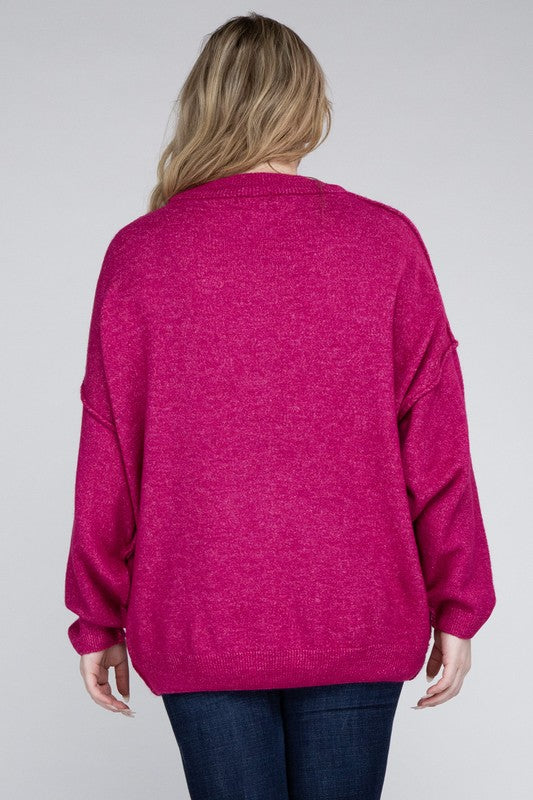 Plus Oversized Round Neck Raw Seam Melange Sweater (PLUS)