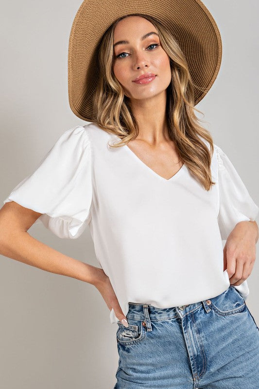 V-Neck Puff Sleeve Blouse Top