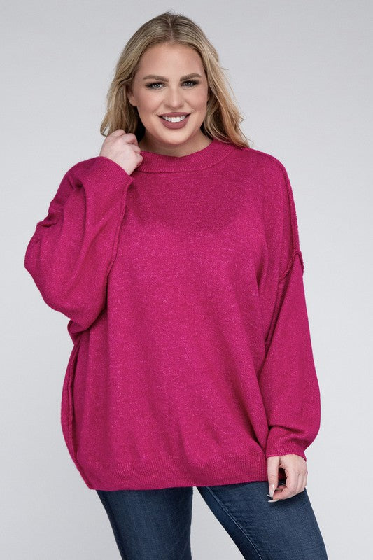 Plus Oversized Round Neck Raw Seam Melange Sweater (PLUS)