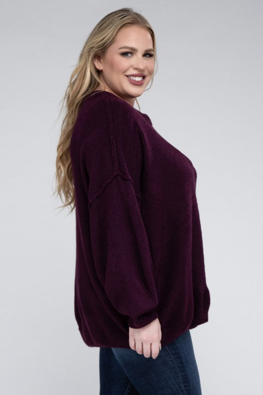 Plus Oversized Round Neck Raw Seam Melange Sweater (PLUS)