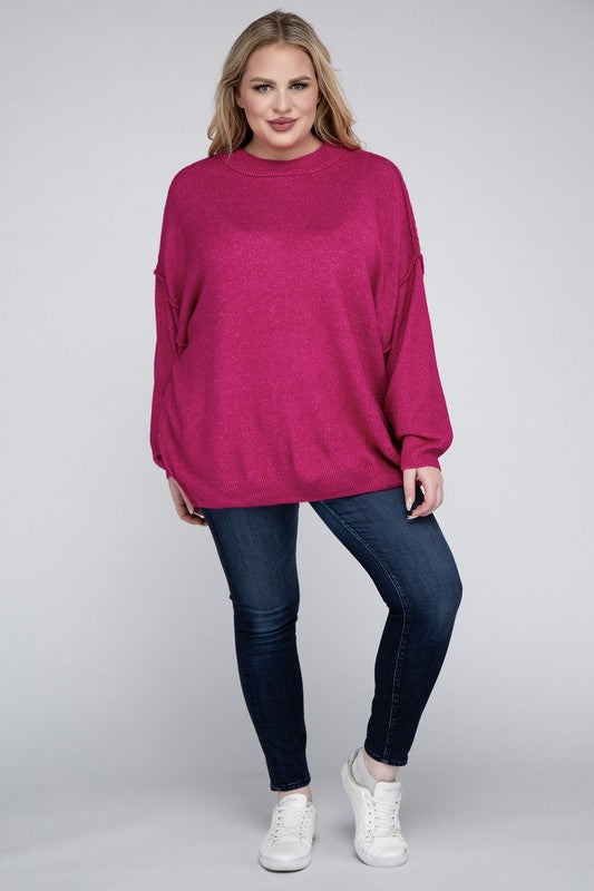 Plus Oversized Round Neck Raw Seam Melange Sweater (PLUS)