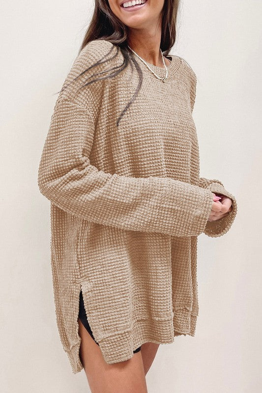 Waffle Knit Drop Sleeve Side Slits Oversized Top