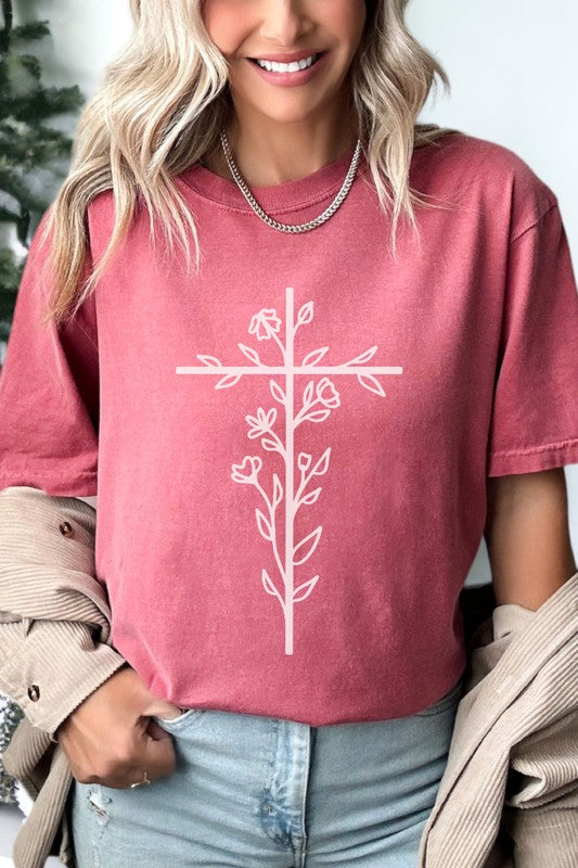 Floral Cross Easter Comfort Colors Graphic Tee