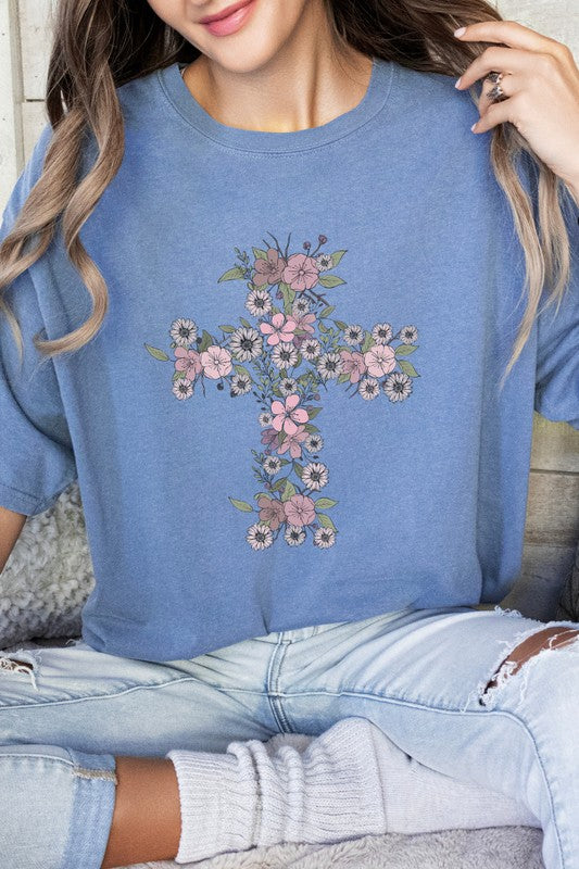 Floral Cross Easter Comfort Colors Graphic Tee PLUS