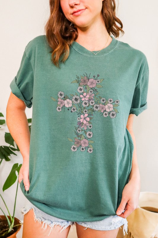 Floral Cross Easter Comfort Colors Graphic Tee PLUS