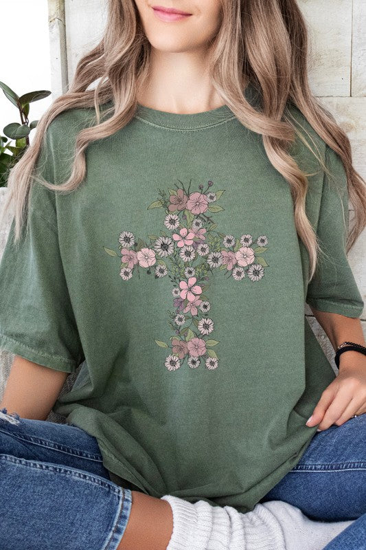 Floral Cross Easter Comfort Colors Graphic Tee PLUS