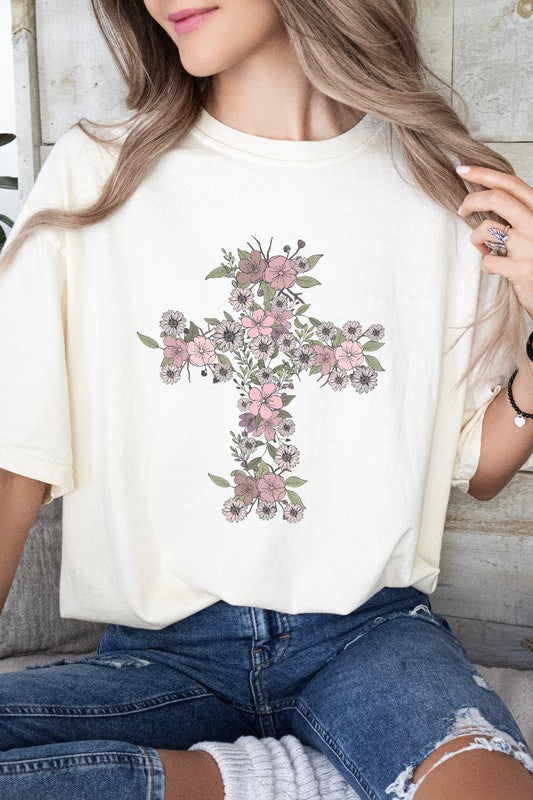 Floral Cross Easter Comfort Colors Graphic Tee PLUS