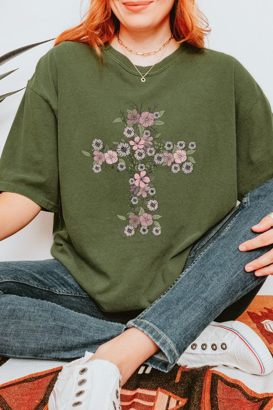 Floral Cross Easter Comfort Colors Graphic Tee PLUS