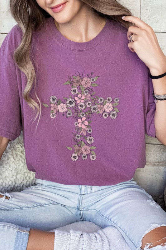 Floral Cross Easter Comfort Colors Graphic Tee PLUS