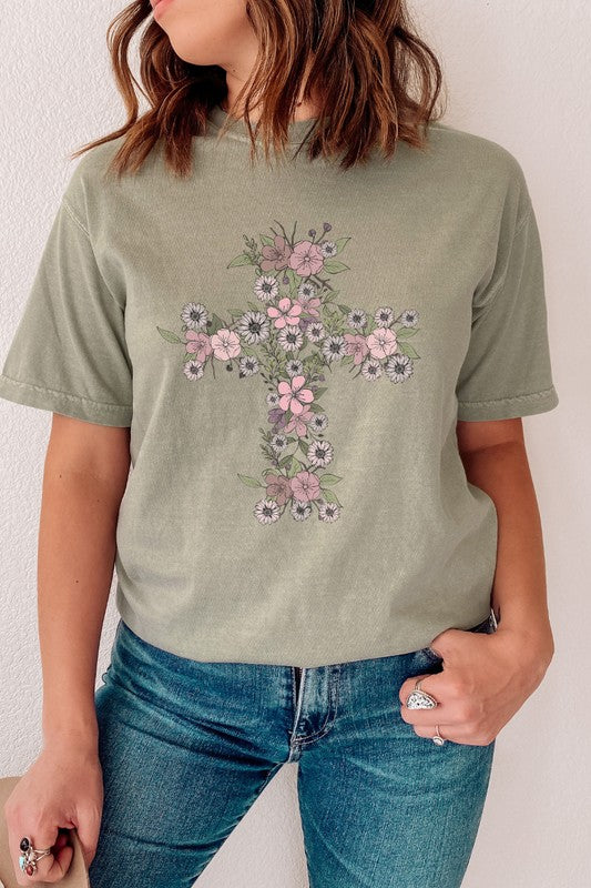 Floral Cross Easter Comfort Colors Graphic Tee PLUS