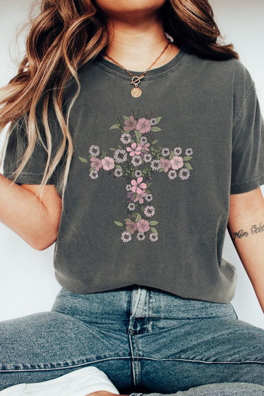 Floral Cross Easter Comfort Colors Graphic Tee PLUS