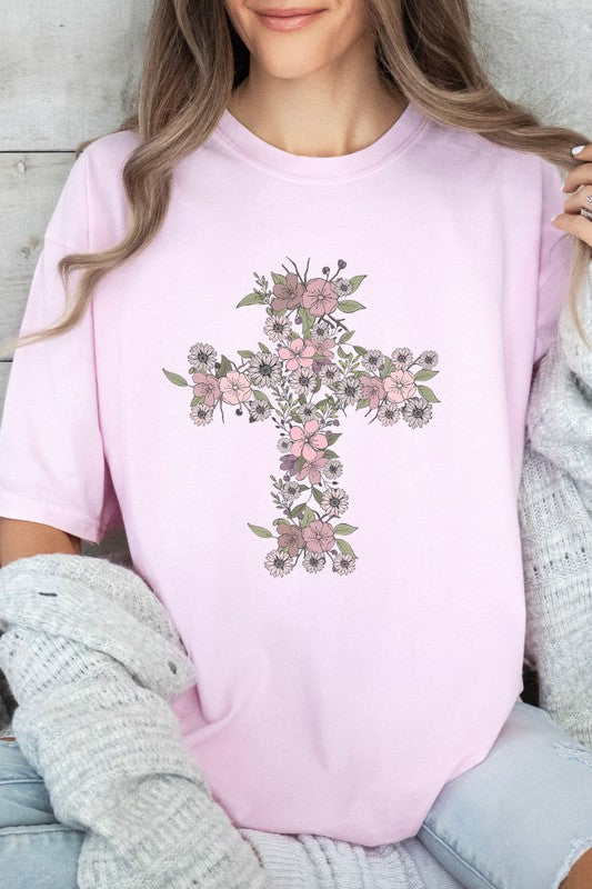 Floral Cross Easter Comfort Colors Graphic Tee PLUS