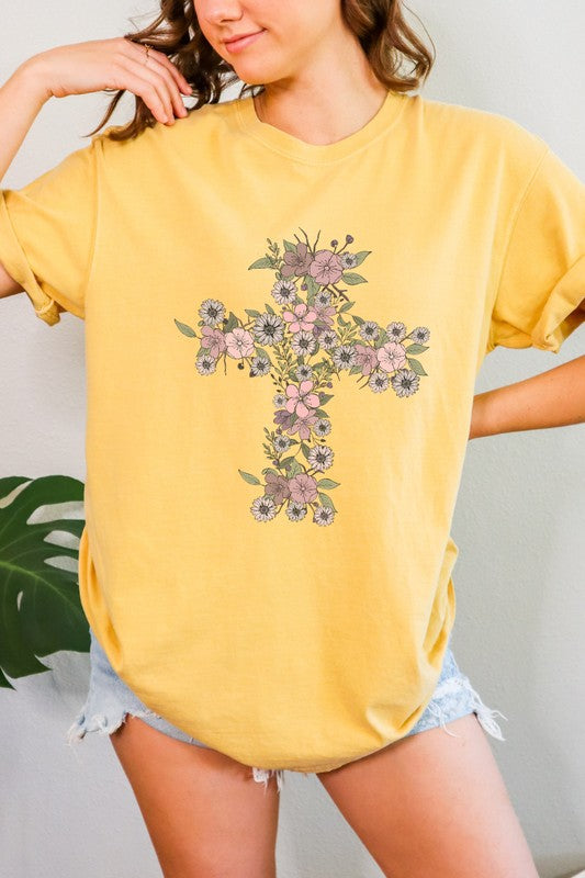 Floral Cross Easter Comfort Colors Graphic Tee PLUS