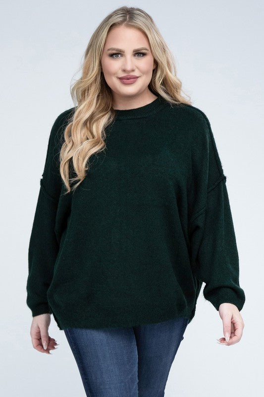 Plus Oversized Round Neck Raw Seam Melange Sweater (PLUS)