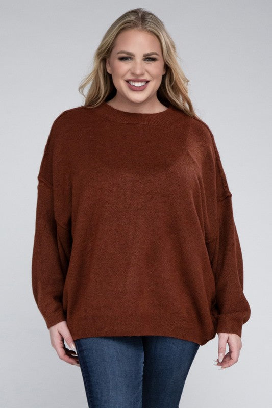 Plus Oversized Round Neck Raw Seam Melange Sweater (PLUS)