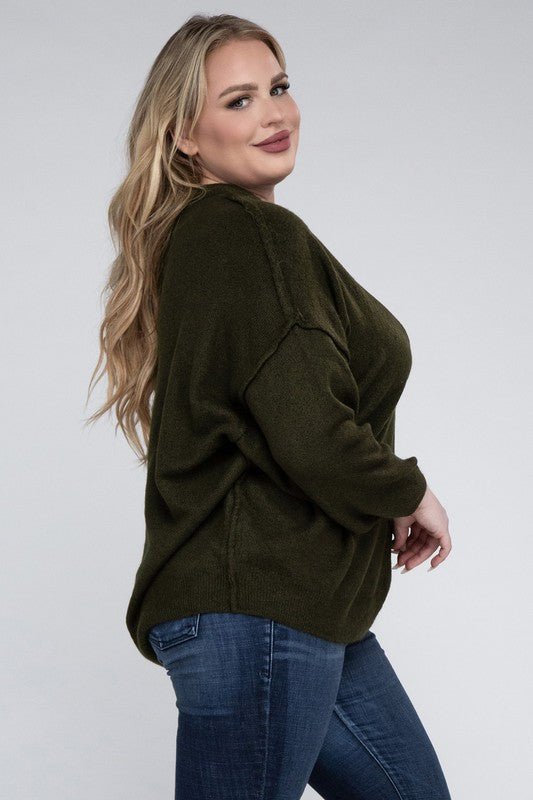 Plus Oversized Round Neck Raw Seam Melange Sweater (PLUS)