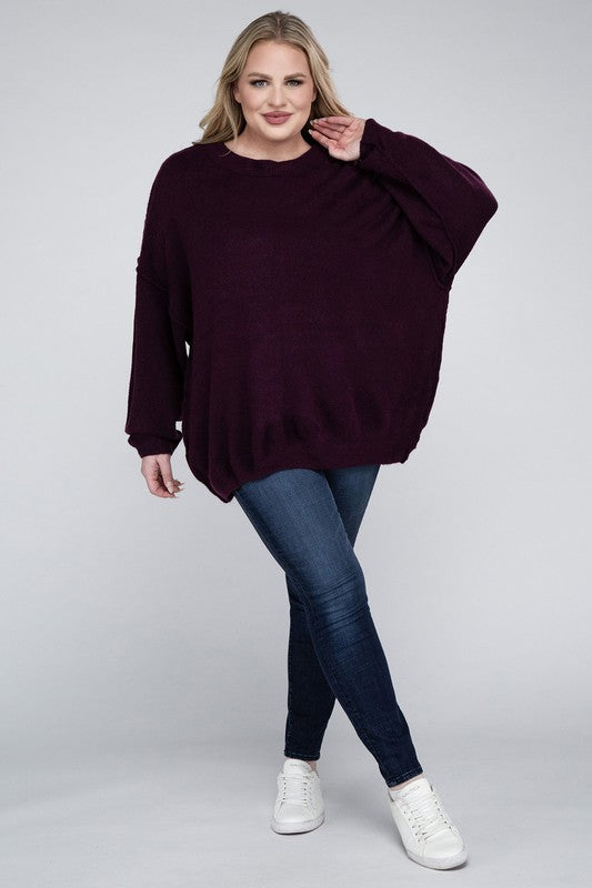 Plus Oversized Round Neck Raw Seam Melange Sweater (PLUS)