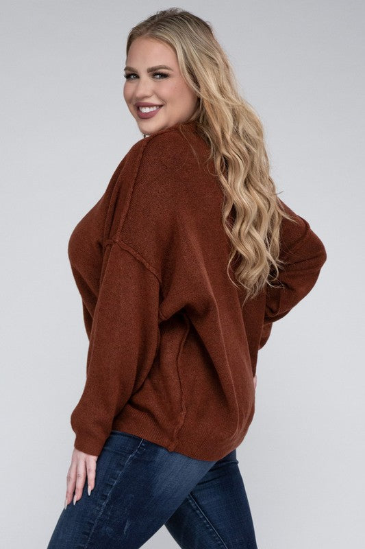 Plus Oversized Round Neck Raw Seam Melange Sweater (PLUS)