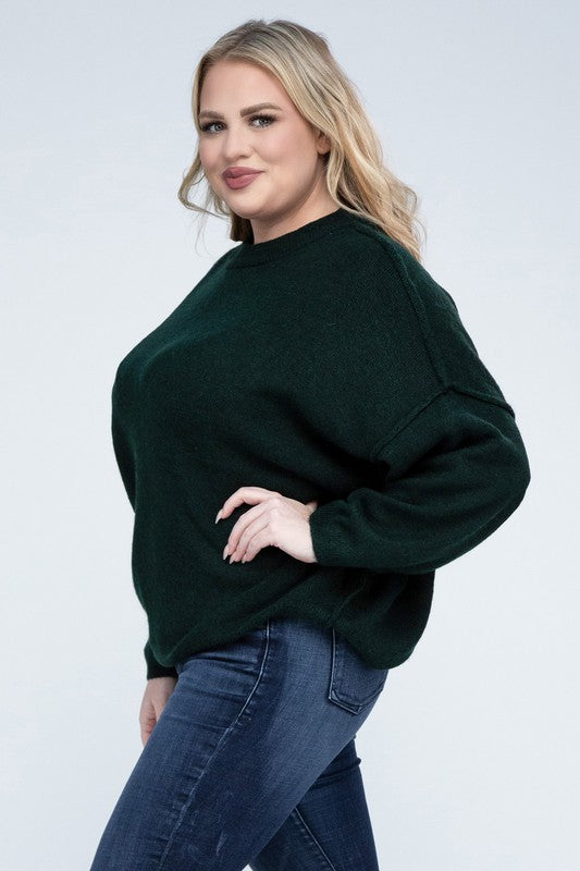 Plus Oversized Round Neck Raw Seam Melange Sweater (PLUS)