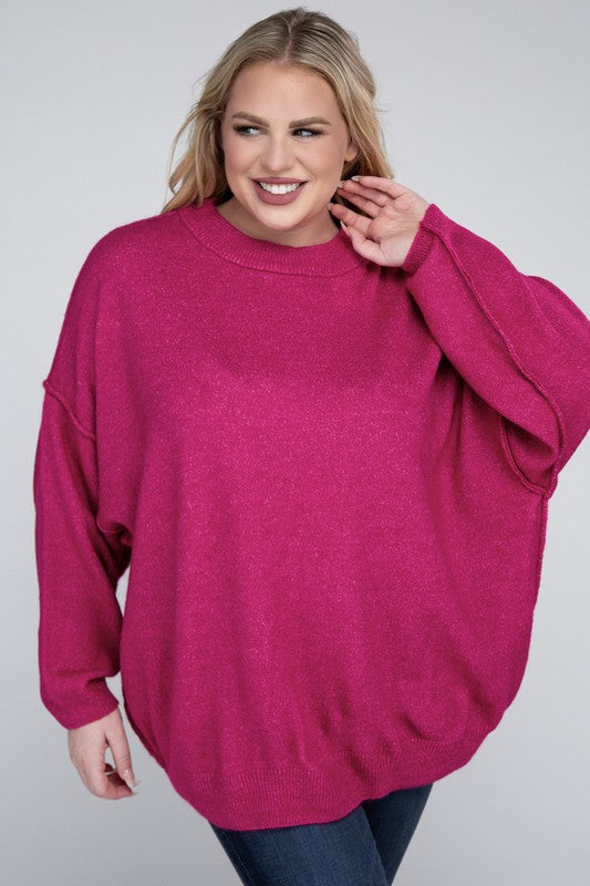 Plus Oversized Round Neck Raw Seam Melange Sweater (PLUS)