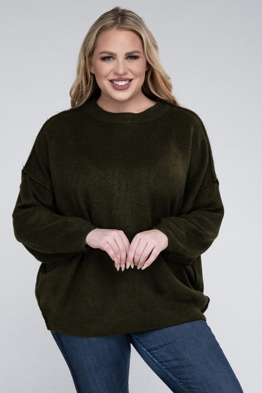 Plus Oversized Round Neck Raw Seam Melange Sweater (PLUS)