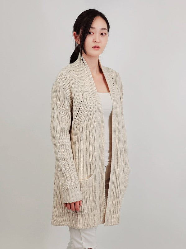 Open Front Waffle Knit Sweater Cardigan w/ Pocket