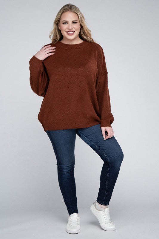 Plus Oversized Round Neck Raw Seam Melange Sweater (PLUS)