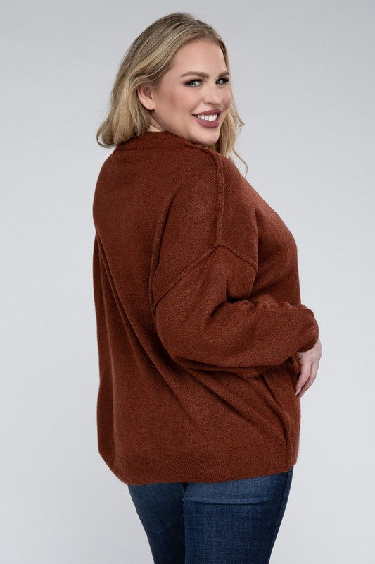 Plus Oversized Round Neck Raw Seam Melange Sweater (PLUS)