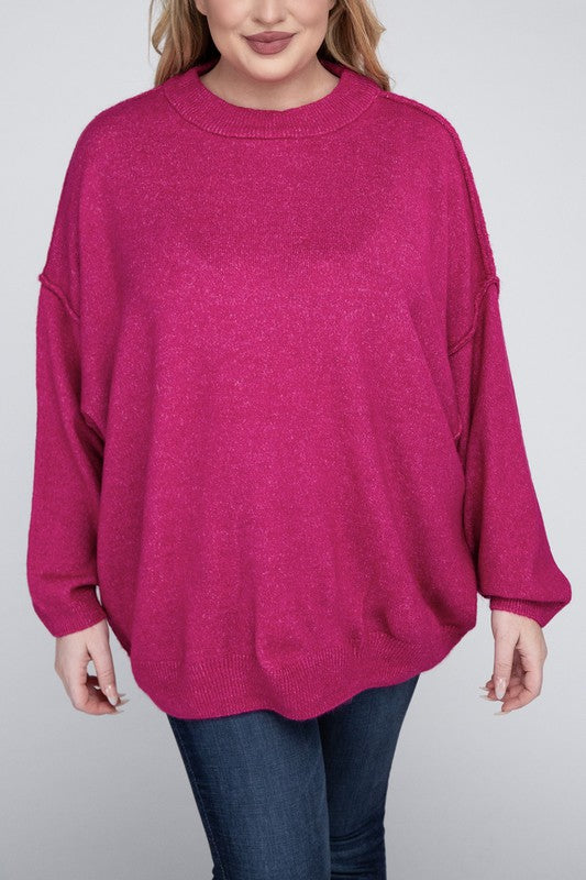 Plus Oversized Round Neck Raw Seam Melange Sweater (PLUS)