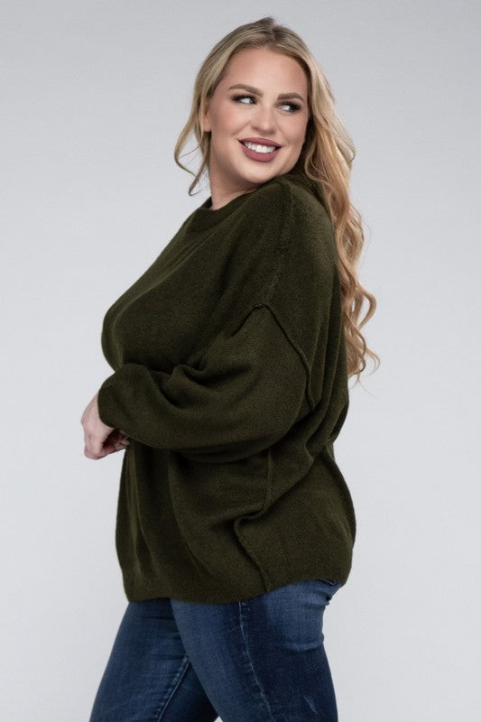 Plus Oversized Round Neck Raw Seam Melange Sweater (PLUS)