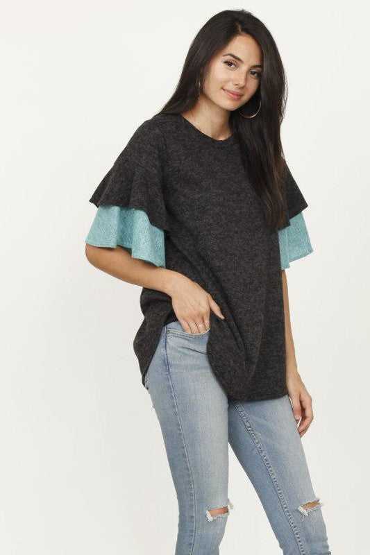 Plus Color Block Sleeve Ruffle Knit Top PLUS