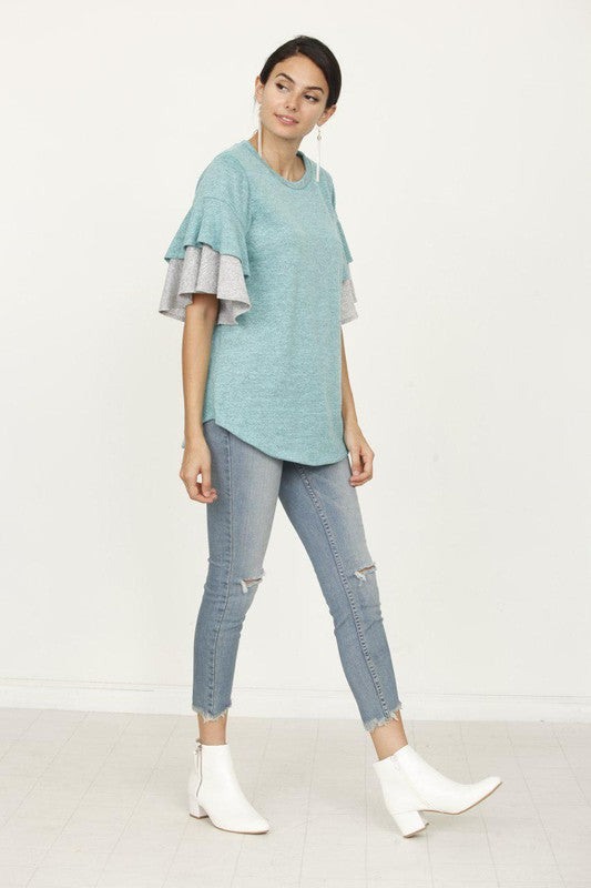 Plus Color Block Sleeve Ruffle Knit Top PLUS