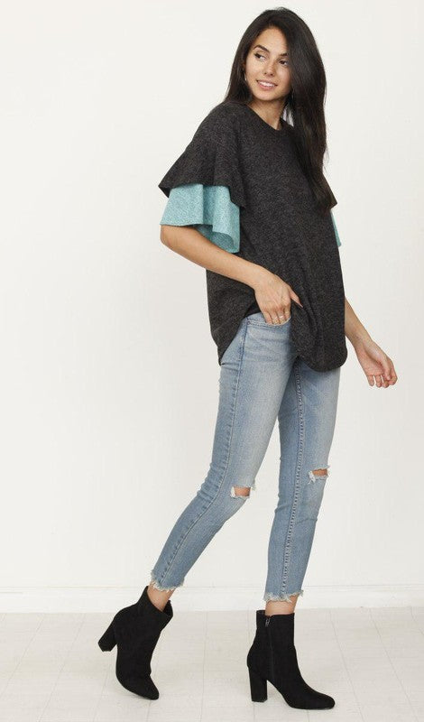 Plus Color Block Sleeve Ruffle Knit Top PLUS