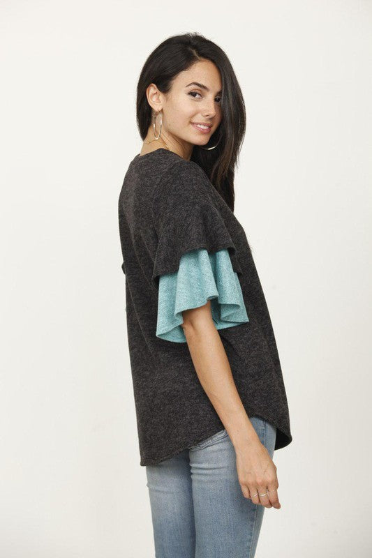 Plus Color Block Sleeve Ruffle Knit Top PLUS