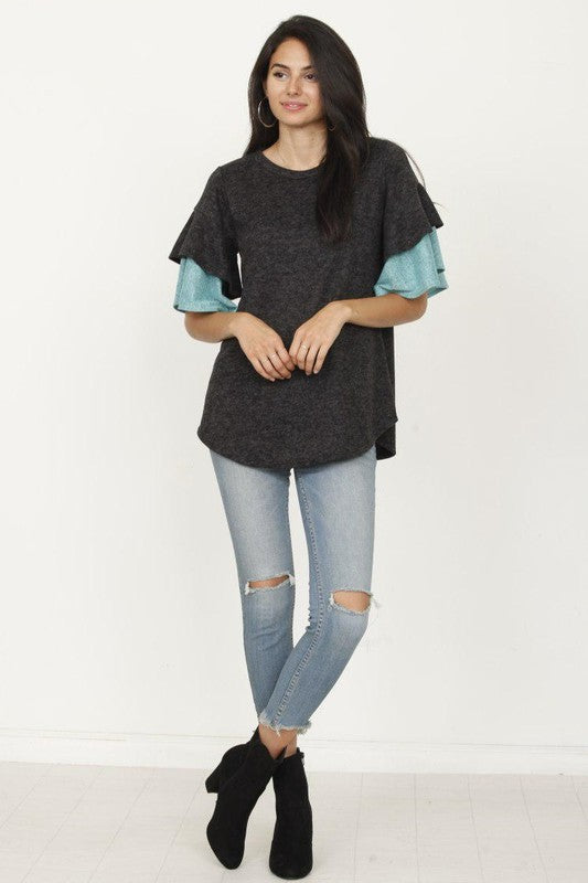 Plus Color Block Sleeve Ruffle Knit Top PLUS