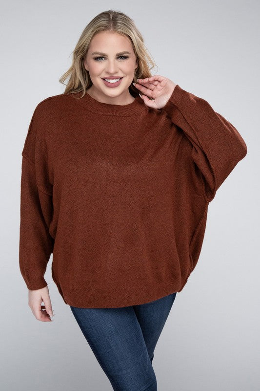 Plus Oversized Round Neck Raw Seam Melange Sweater (PLUS)