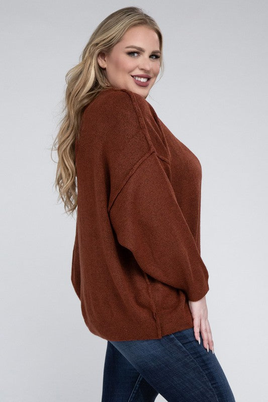 Plus Oversized Round Neck Raw Seam Melange Sweater (PLUS)