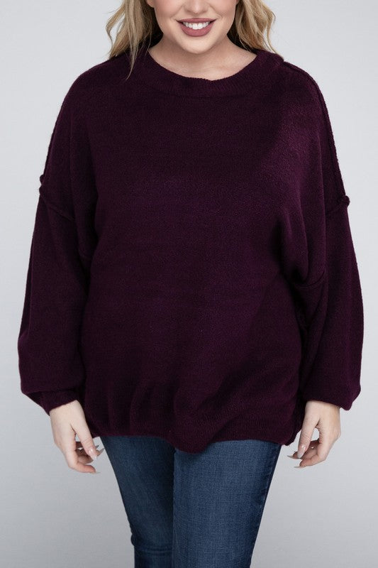 Plus Oversized Round Neck Raw Seam Melange Sweater (PLUS)