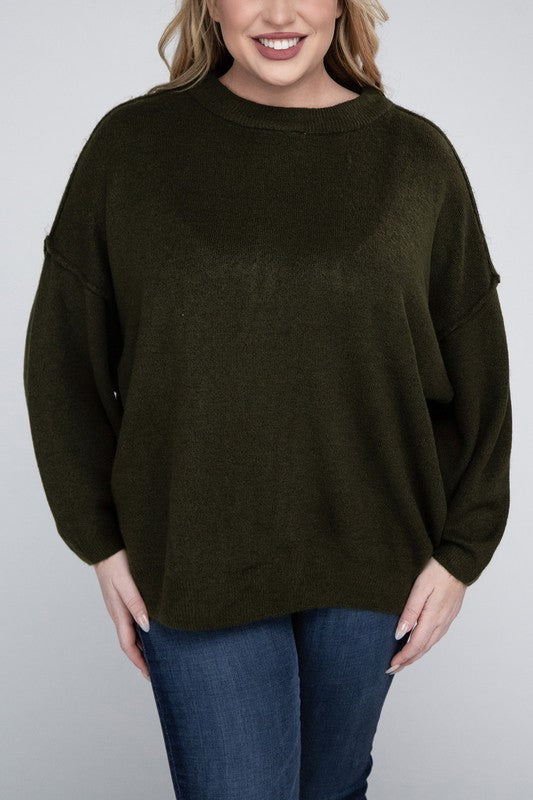 Plus Oversized Round Neck Raw Seam Melange Sweater (PLUS)